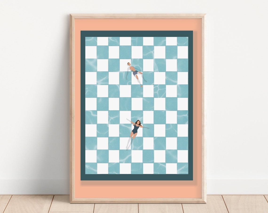 Retro Checkerboard Pool Party Two Swimmers Modern Summer Poster