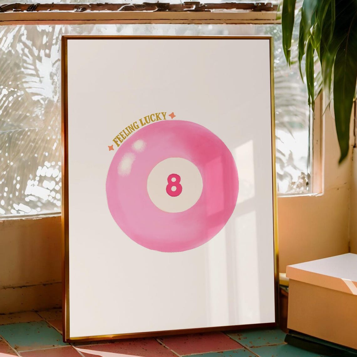 Feeling Lucky Pink Eight Ball Handdrawn Preppy Dorm Art Poster