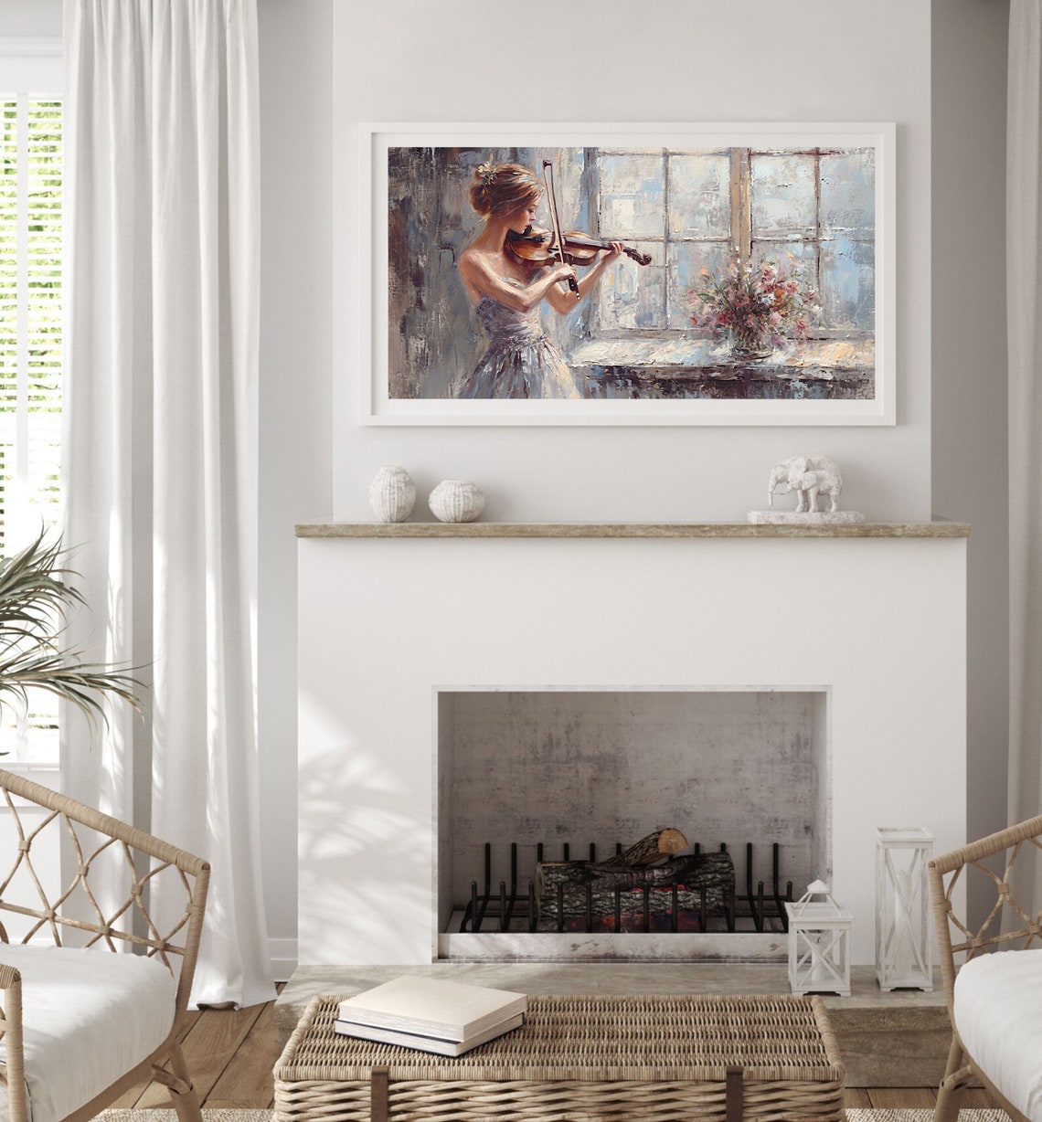 Woman Playing Violin By Window Romantic Music Painting Poster - Image 3
