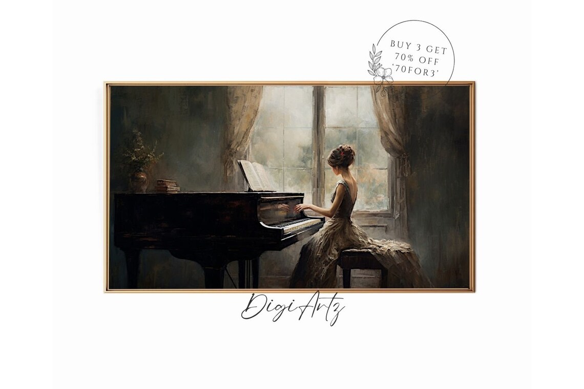 Woman Playing Grand Piano By Window Romantic Musician Painting Poster