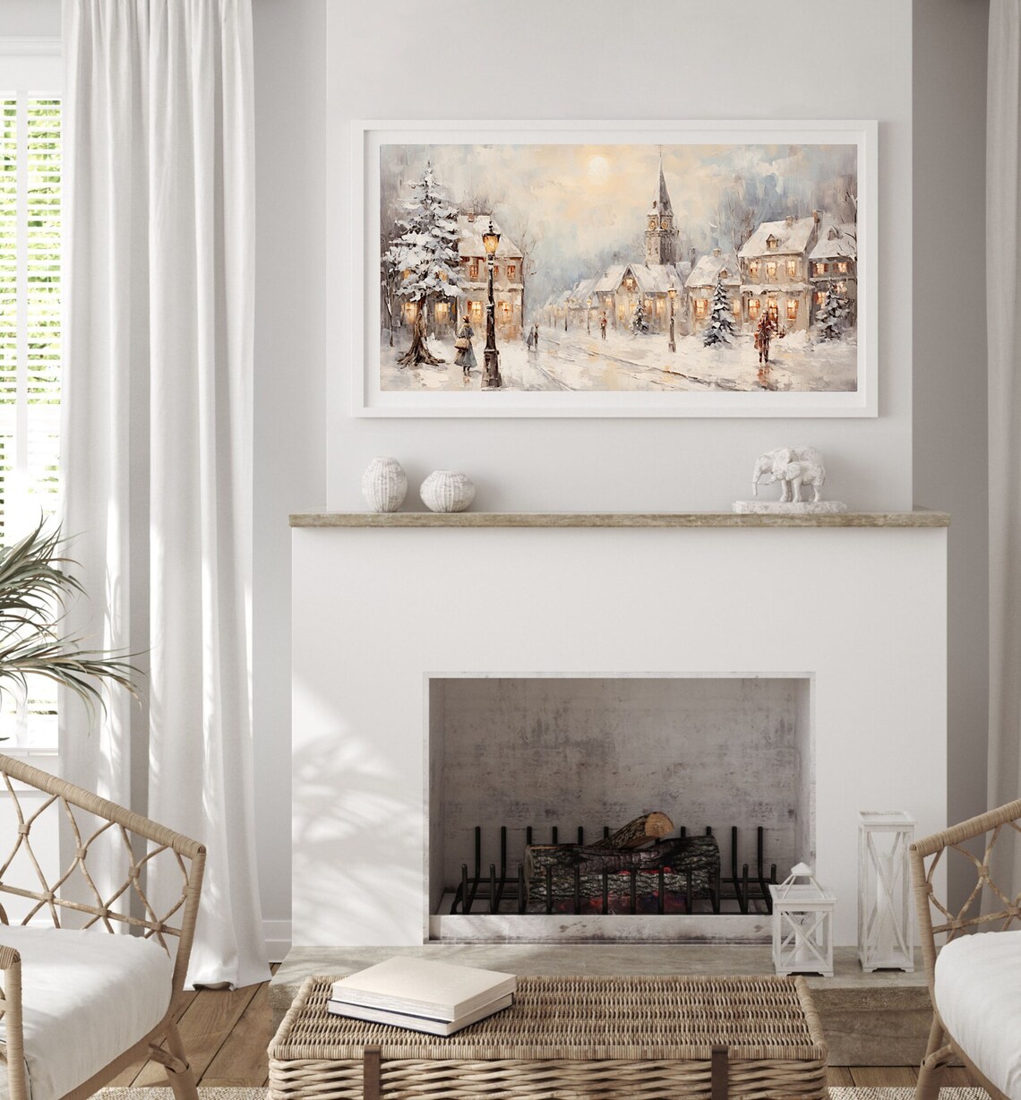 Frame Tv Vintage Winter Town Oil Painting Cottagecore Academia Christmas Decor Rustic Snowy Winter Landscape Holiday Farmhouse Print - Image 4