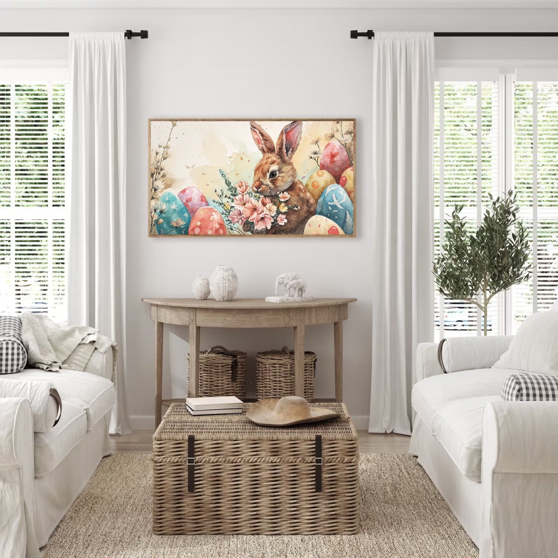 Easter Bunny Watercolor With Painted Eggs And Spring Flowers Poster - Image 3
