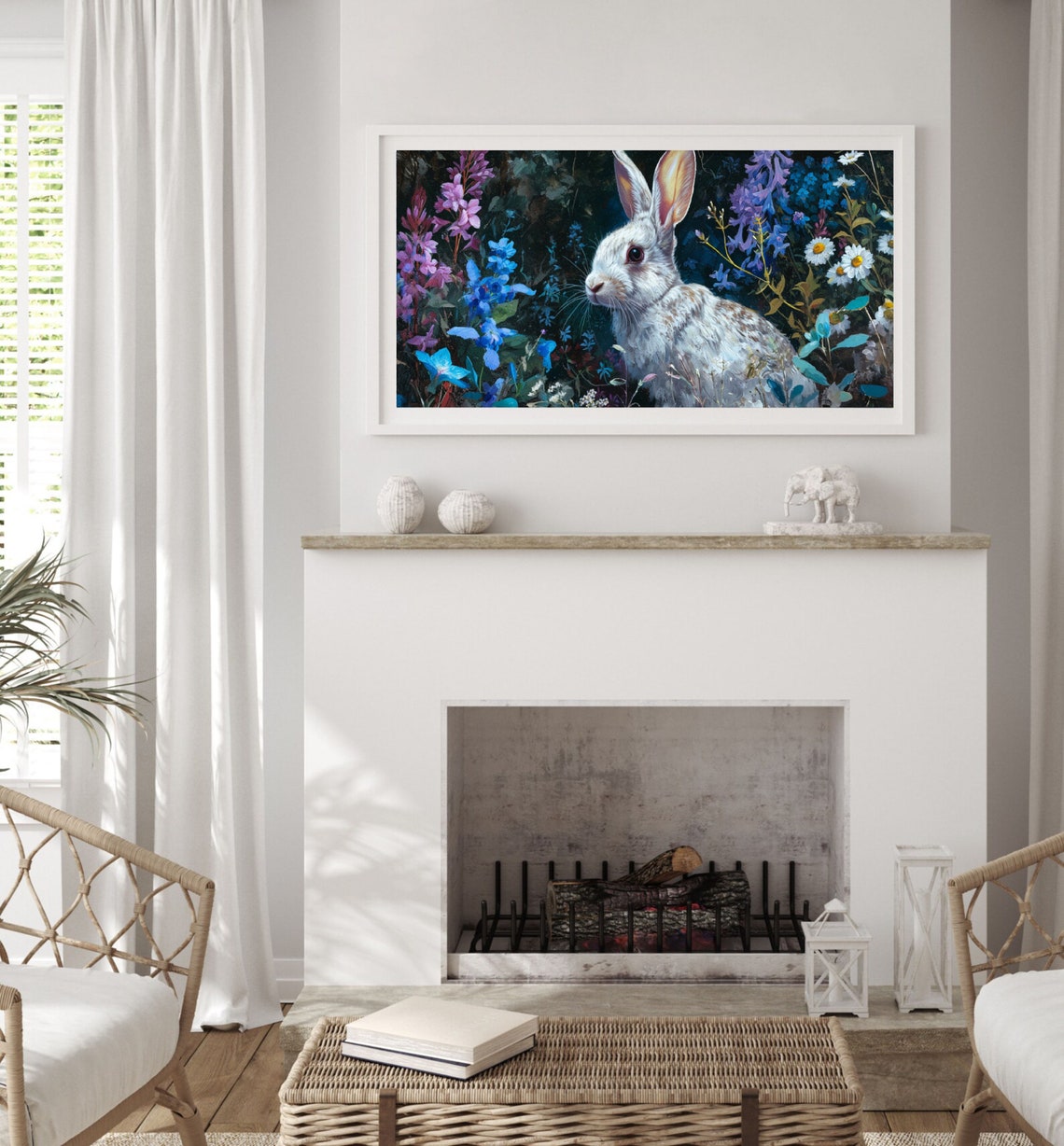 White Rabbit Among Blue Wildflowers Moody Floral Painting Poster - Image 3