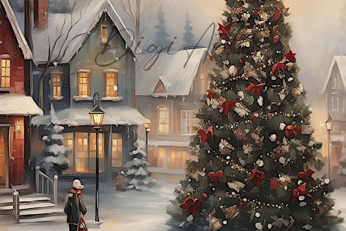 Victorian Christmas Village Square Snowy Scene Carolers Poster - Image 5