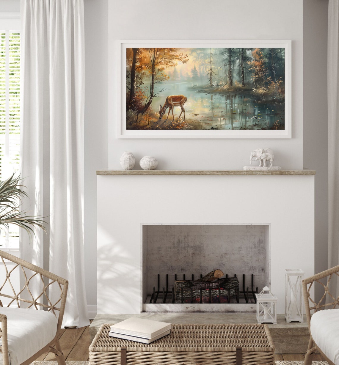 Deer Drinking At Misty Forest Pond Autumn Wildlife Painting Poster - Image 2