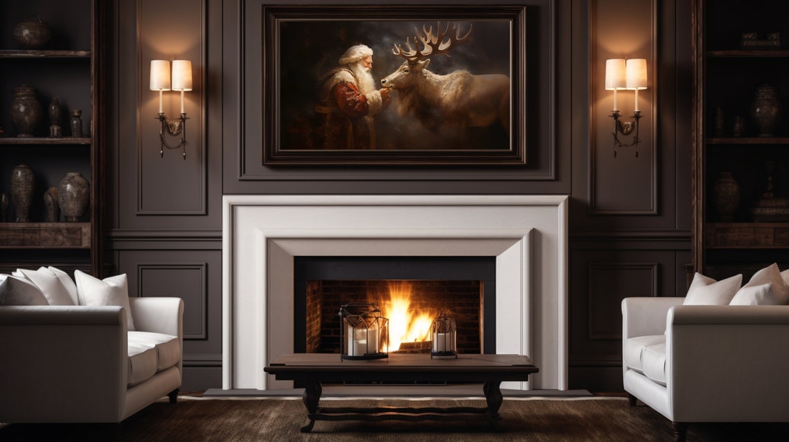 Frame Tv Art Vintage Christmas Wall Art Santa Reindeer Companionship Oil Painting Cottagecore Academia Christmas Decor Winter Print - Image 4