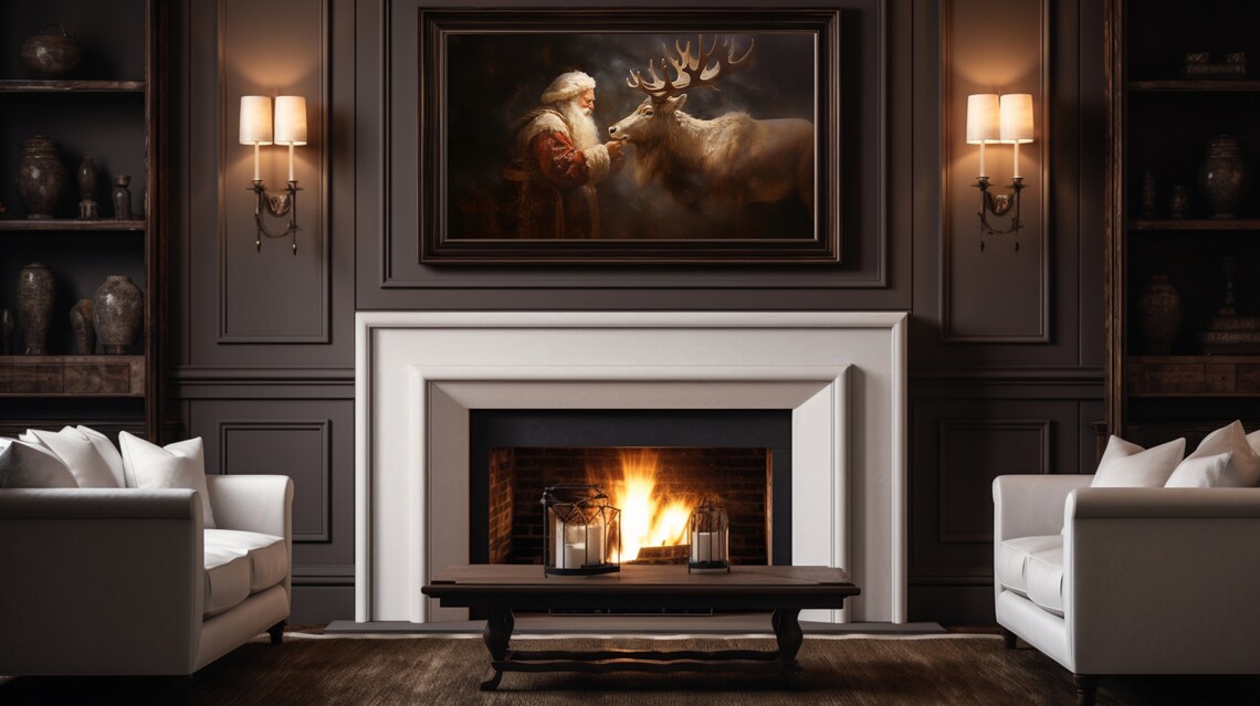 Santa Claus Feeding Reindeer Vintage Oil Painting Christmas Poster - Image 4