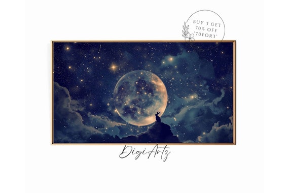 Frame Tv Abstract Nursery Star Moon Painting Bunny On The Moon Starry Sky Frame Tv Art Celestial Full Moon Decor Gothic Wall Art