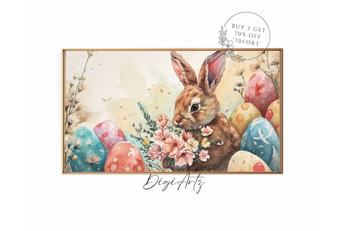 Easter Bunny Watercolor With Painted Eggs And Spring Flowers Poster