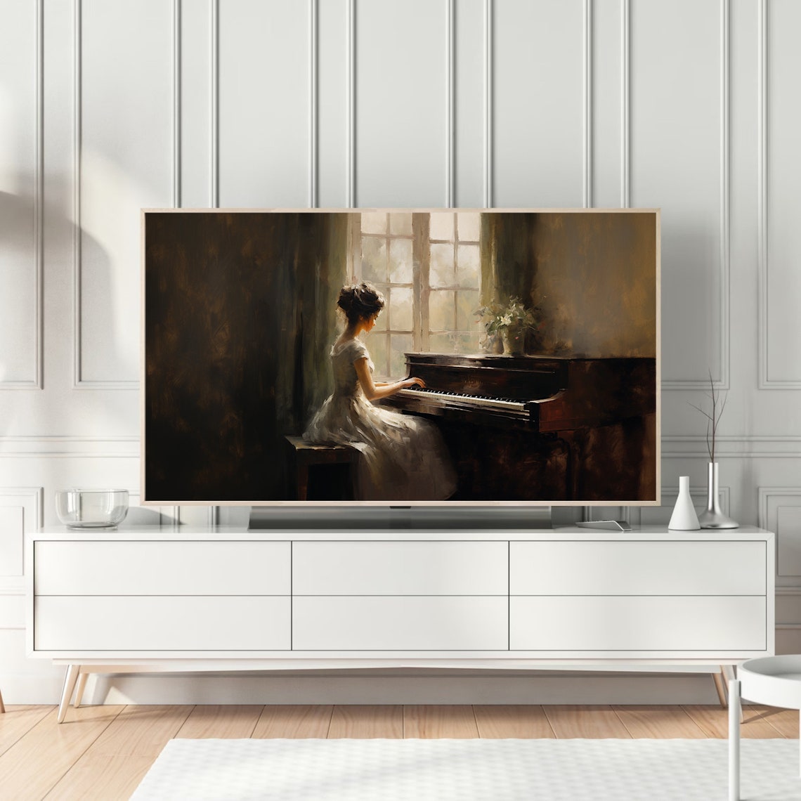 Woman Playing Piano by Window Moody Romantic Oil Painting Poster - Image 4