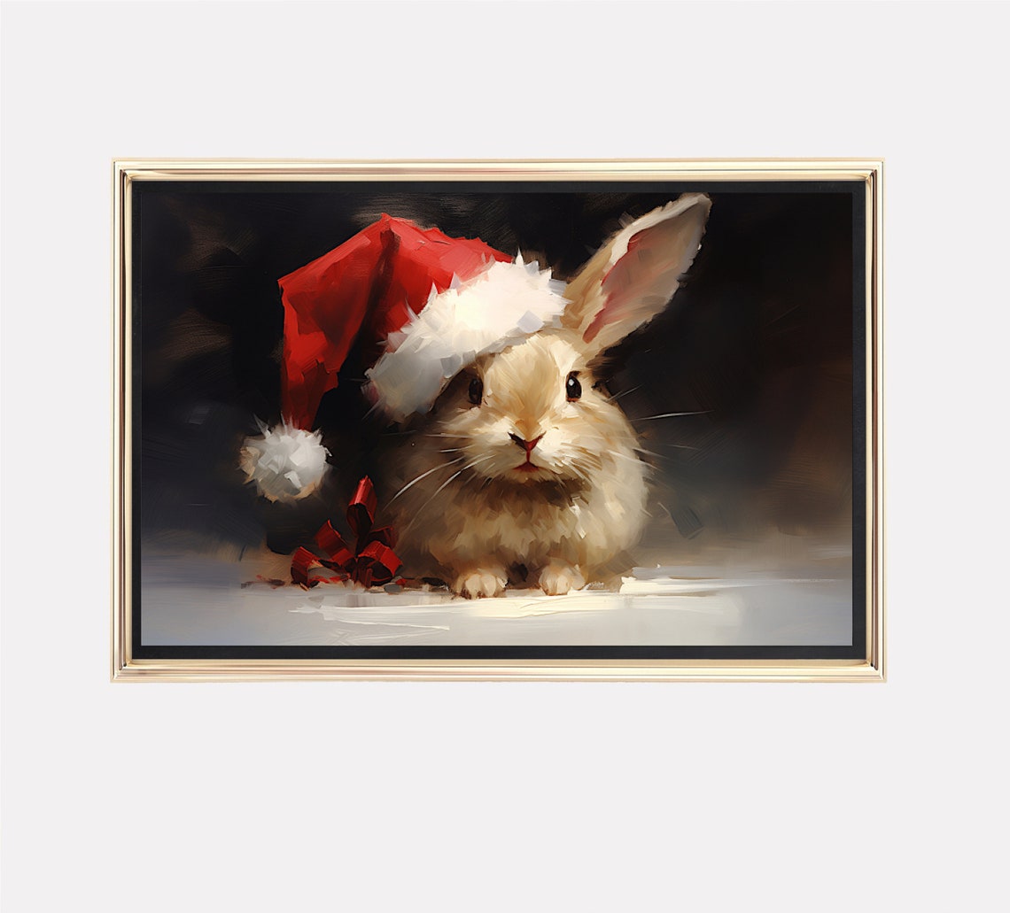 Adorable Bunny In A Santa Hat With A Red Ribbon Bow Dark Poster - Image 5