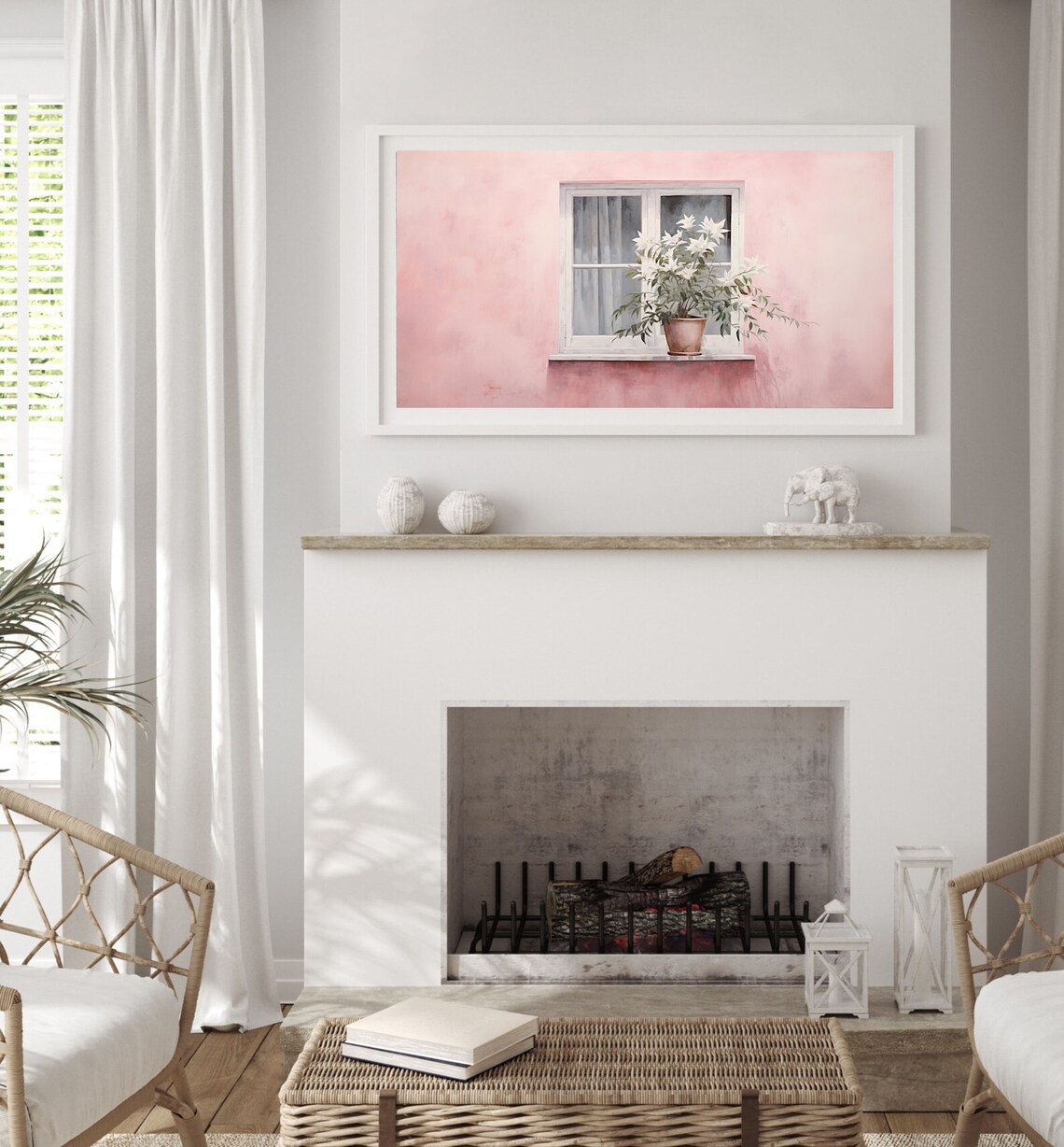 White Lilies on Pink Windowsill Minimalist Floral Oil Painting Poster - Image 2