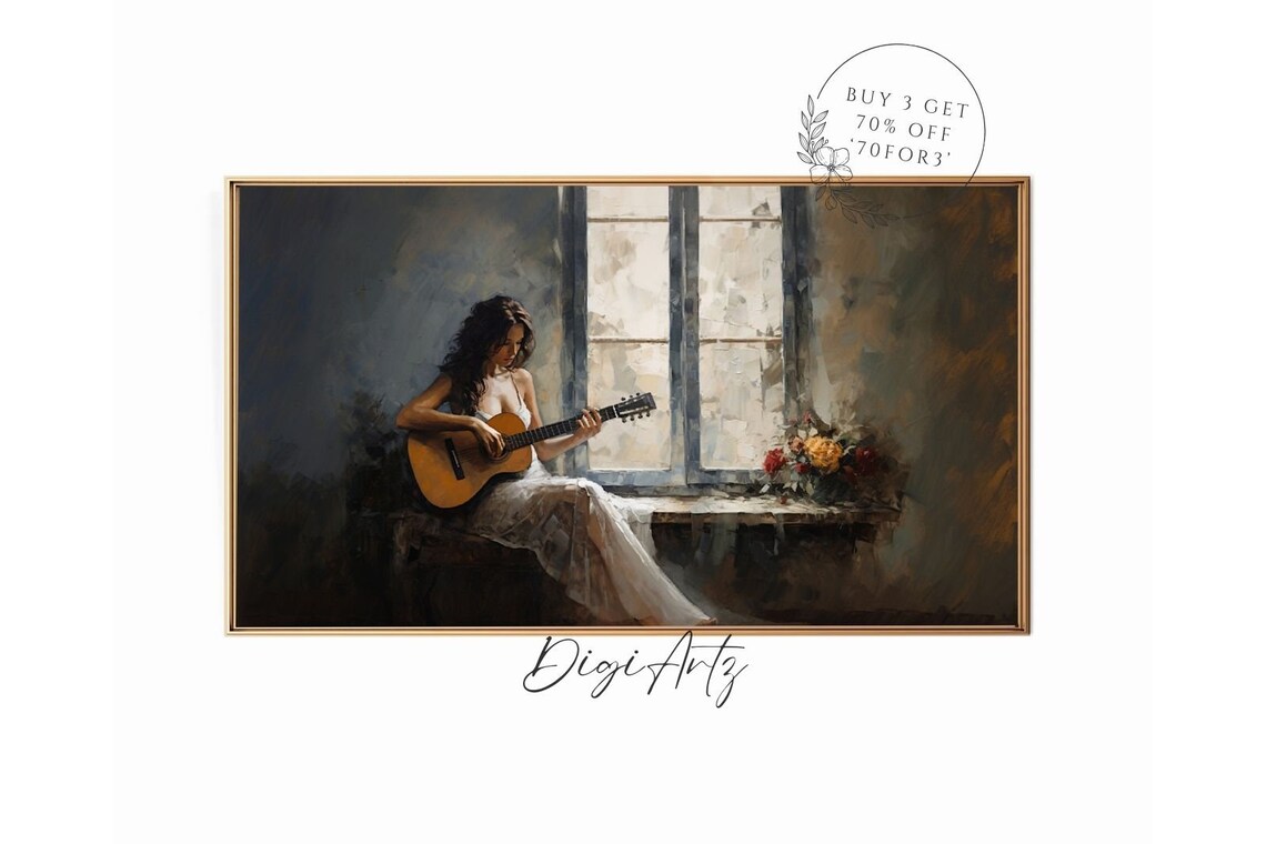 Woman Playing Guitar By Window Moody Musician Oil Painting Poster