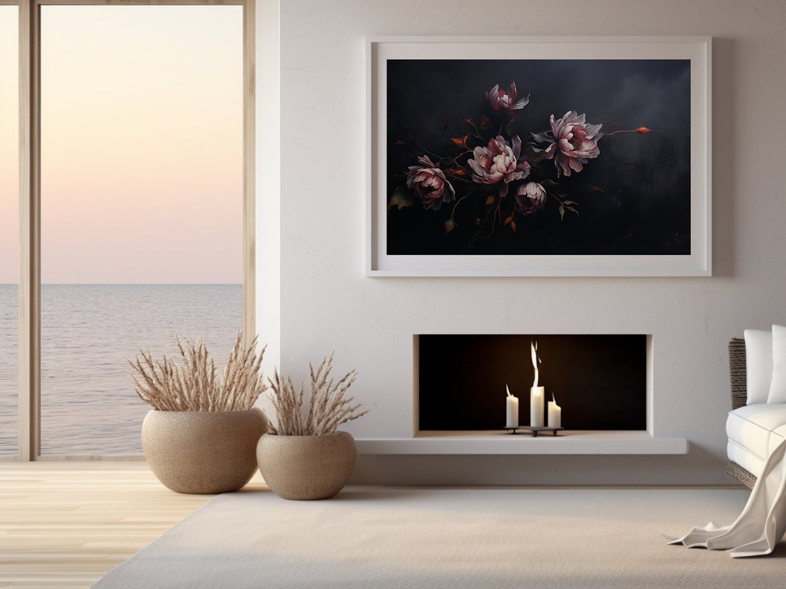 Blush Peonies Black Moody Floral Panoramic Botanical Scene Poster - Image 2