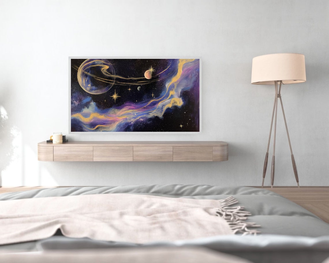 Ringed Planet Purple Gold Nebula Cosmic Space Oil Painting Poster - Image 5