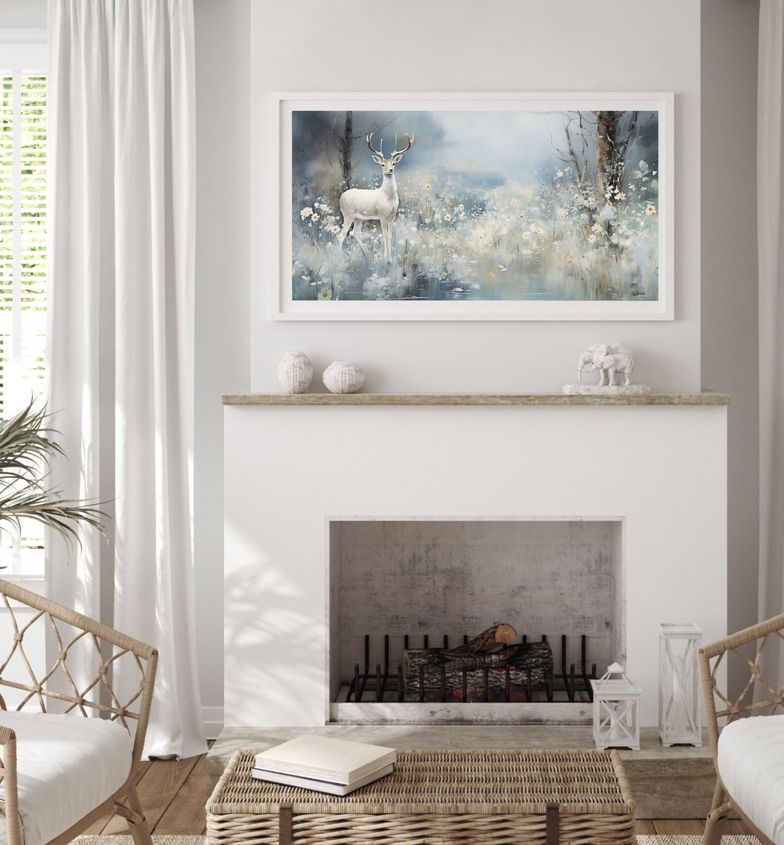 White Stag Misty Wildflower Forest Panoramic Ethereal Nature Poster - Image 3
