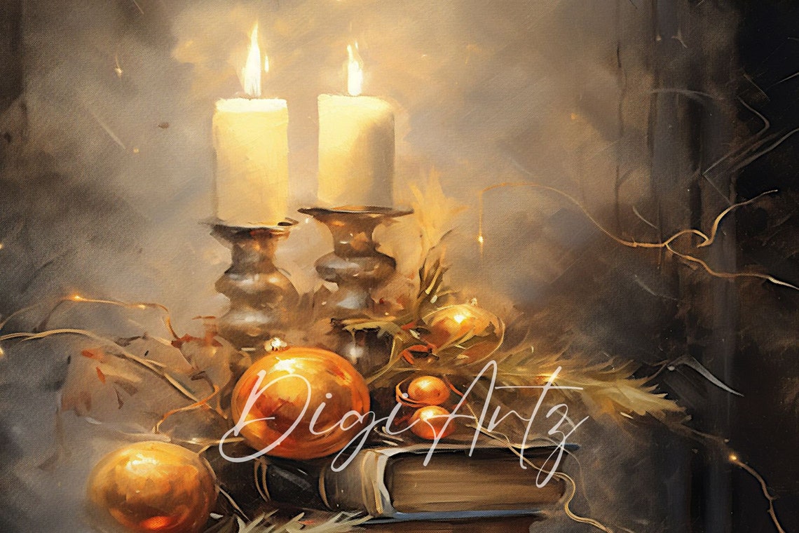 Moody Candlelight Books Still Life Oil Painting Holiday Wall Poster - Image 5