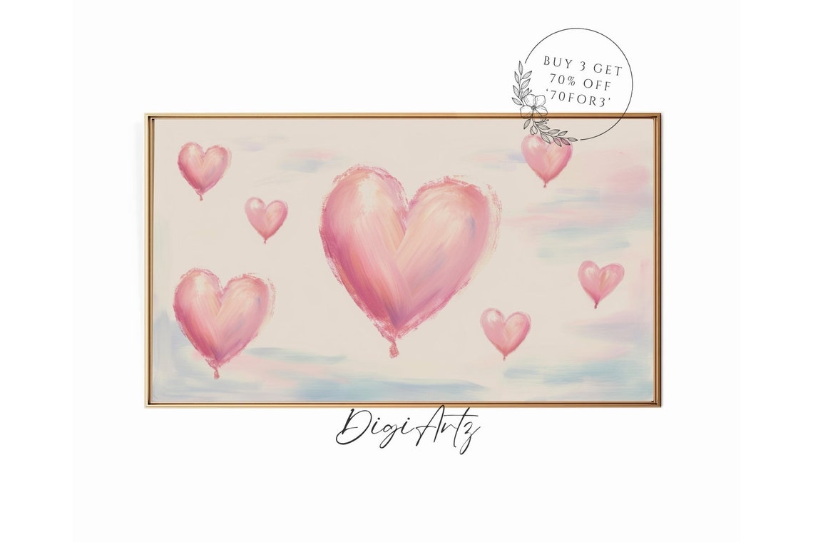 Pink Heart Balloons Floating Pastel Sky Valentine Painting Poster