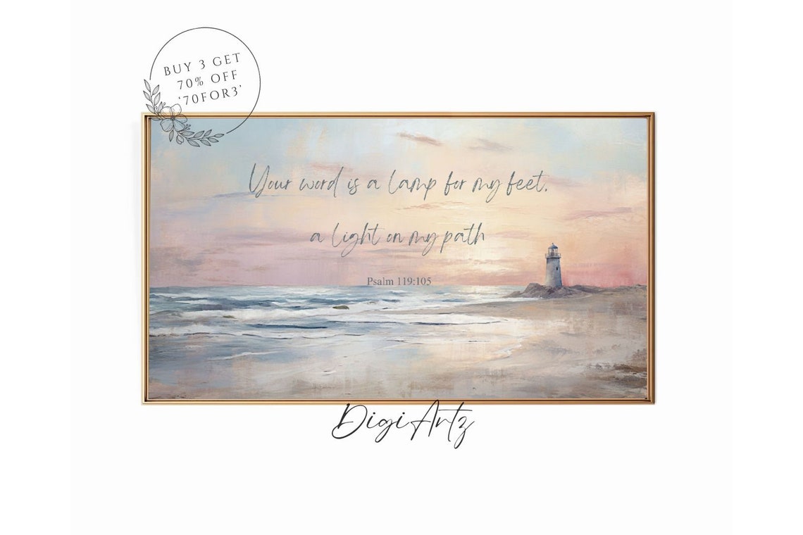 Psalm 119 Lamp For My Feet Verse Over A Beach Lighthouse Poster