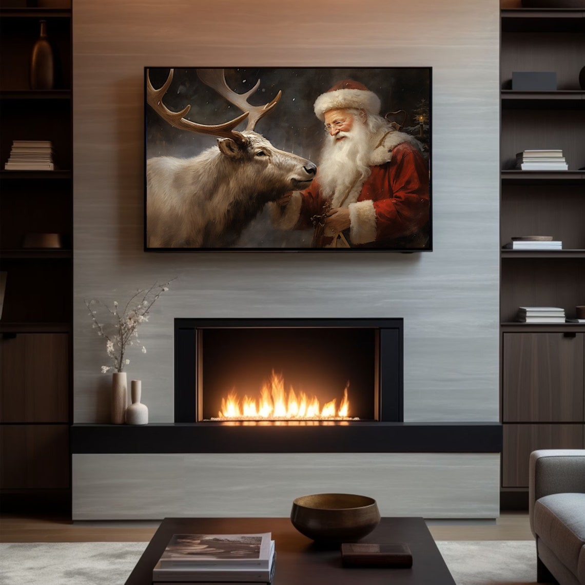 Tender Santa Claus And Reindeer Nuzzling In A Winter Night Poster - Image 3