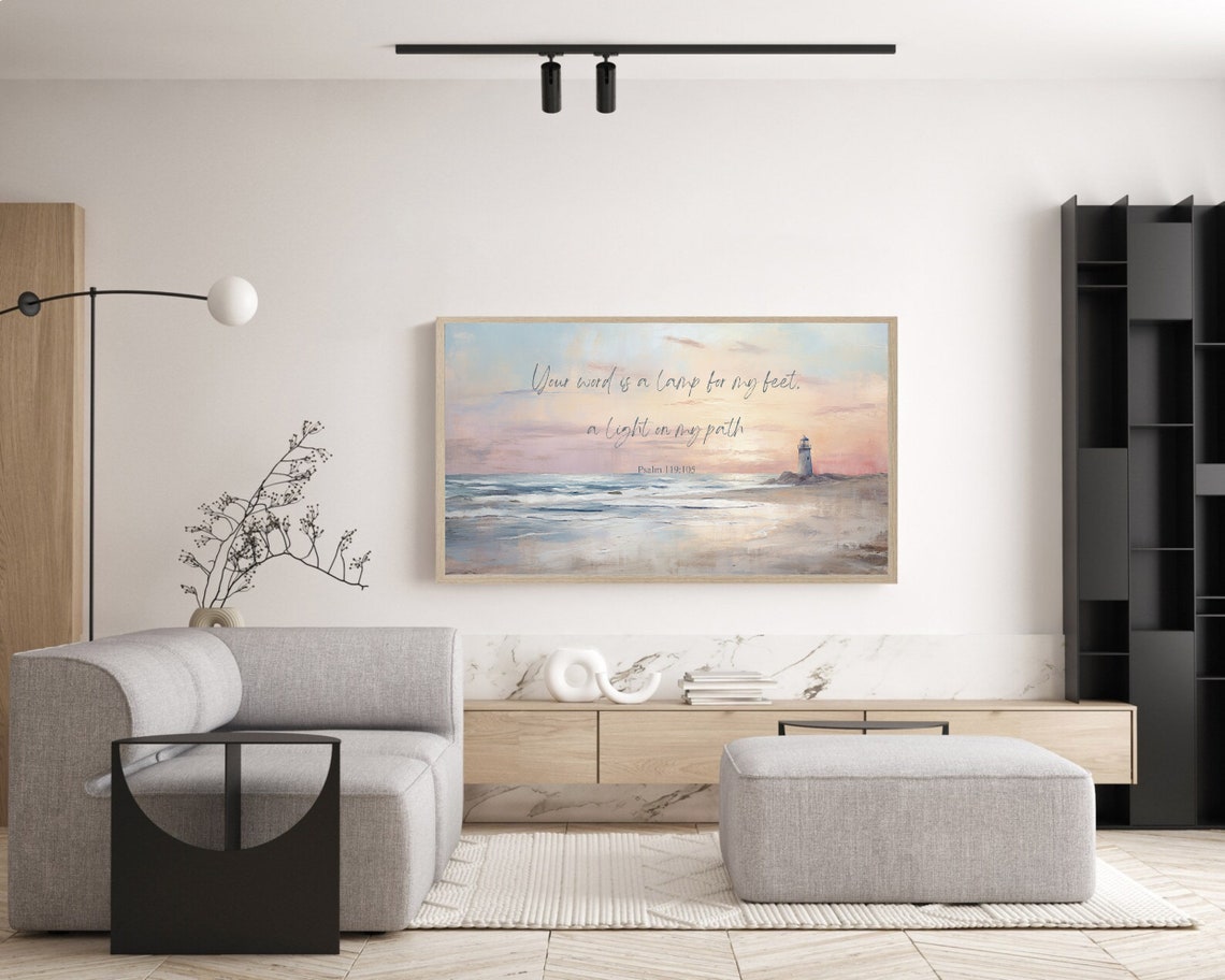 Frame Tv Christian Print Bible Verse Psalm 119 Scripture Light On My Path Seascape Beach Oil Painting Lighthouse Home Decor - Image 4
