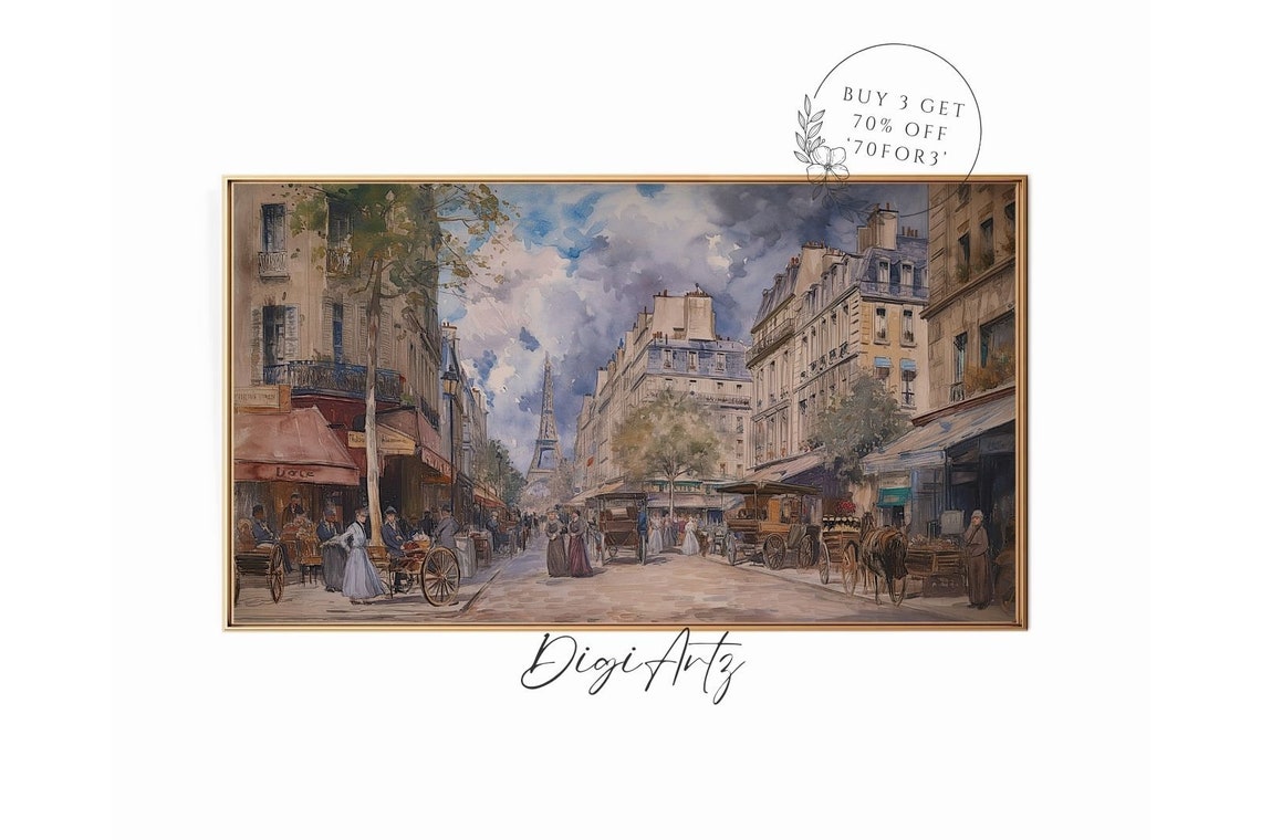Frame Tv Vintage Eiffel Tower Paris Street Oil Painting French Cityscape Wall Art Antique Farmhouse Home Decor Frame Tv French Art