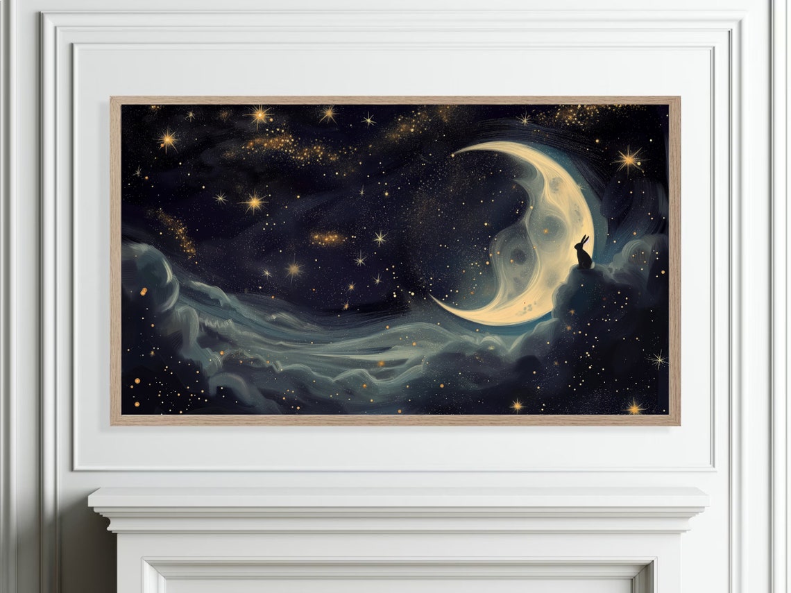 Crescent Moon Bunny On Clouds Golden Starry Night Painting Poster - Image 4