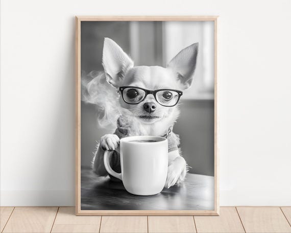 Chihuahua Dog Drinking Coffee Wearing Glasses Poster Or Canvas Funny Kitchen Wall Art Lover Humor Cute Animal Decor Lovers