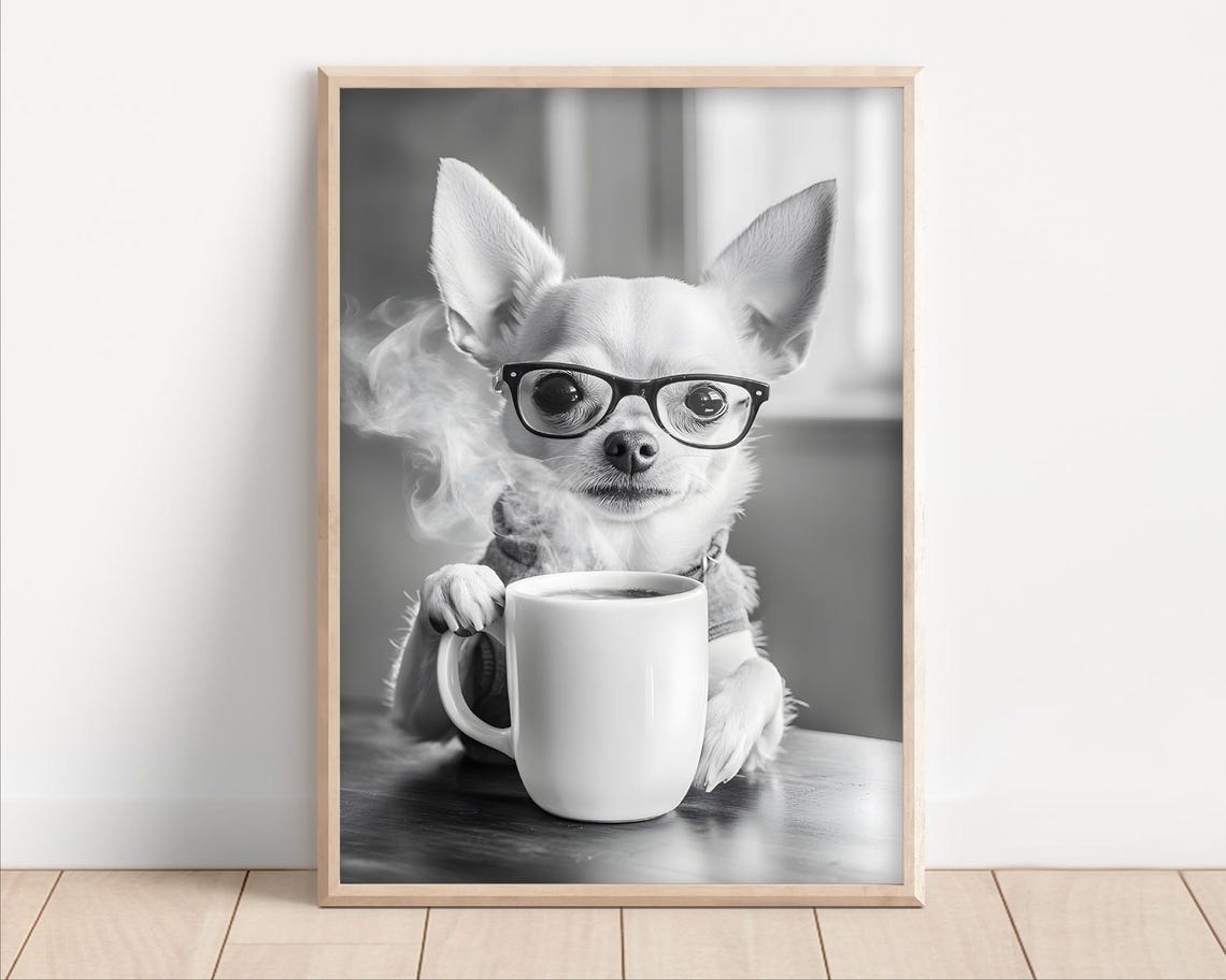 Chihuahua Drinking Coffee Wearing Glasses Funny Kitchen Dog Poster