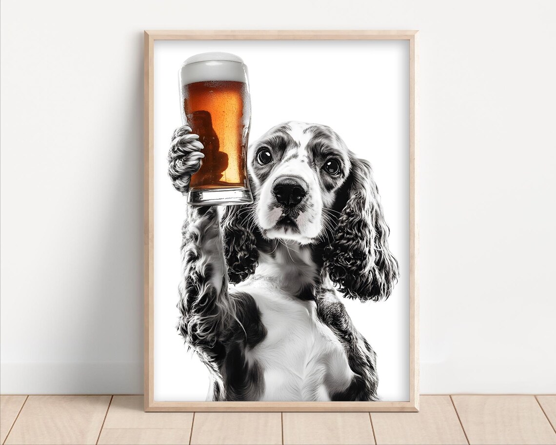 Cute Wide Eyed Cocker Spaniel Holding Tall Beer Glass Funny Dog Poster
