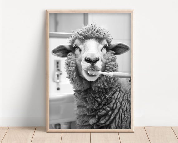 Sheep Brushing Teeth Poster Or Canvas Funny Bathroom Wall Art Kids Laundry Room Decor Vintage Style Retro Animal Print Cute Humor
