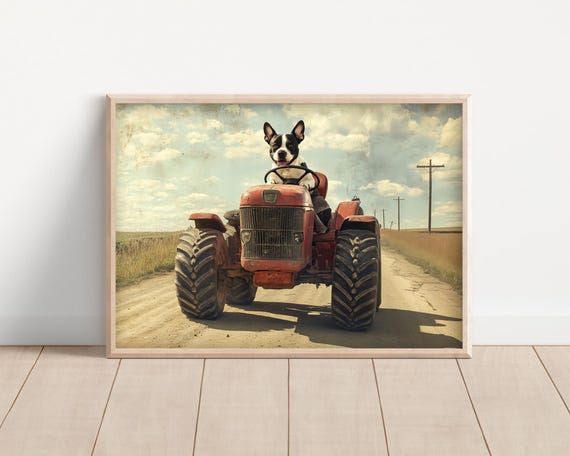 Dog Driving A Tractor Poster Or Canvas Funny Farm Animal Wall Art Vintage Style Retro Print Kids Nursery Room Cute Rustic Farmhouse