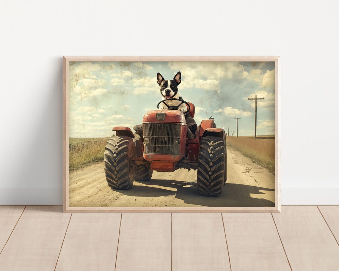Happy Dog Driving Big Red Tractor Dirt Road Farm Funny Poster