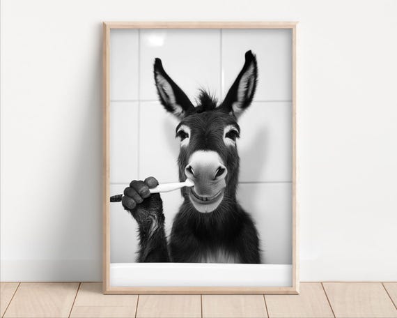 Donkey Brushing Teeth Poster Or Canvas Funny Bathroom Wall Art Laundry Room Decor Vintage Style Retro Animal Print Cute Humor
