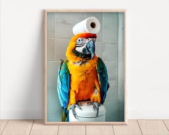Parrot With Toilet Paper On Poster Canvas Funny Bathroom Wall Art Cute Kids Laundry Room Decor Quirky Animal Humor Photo Print