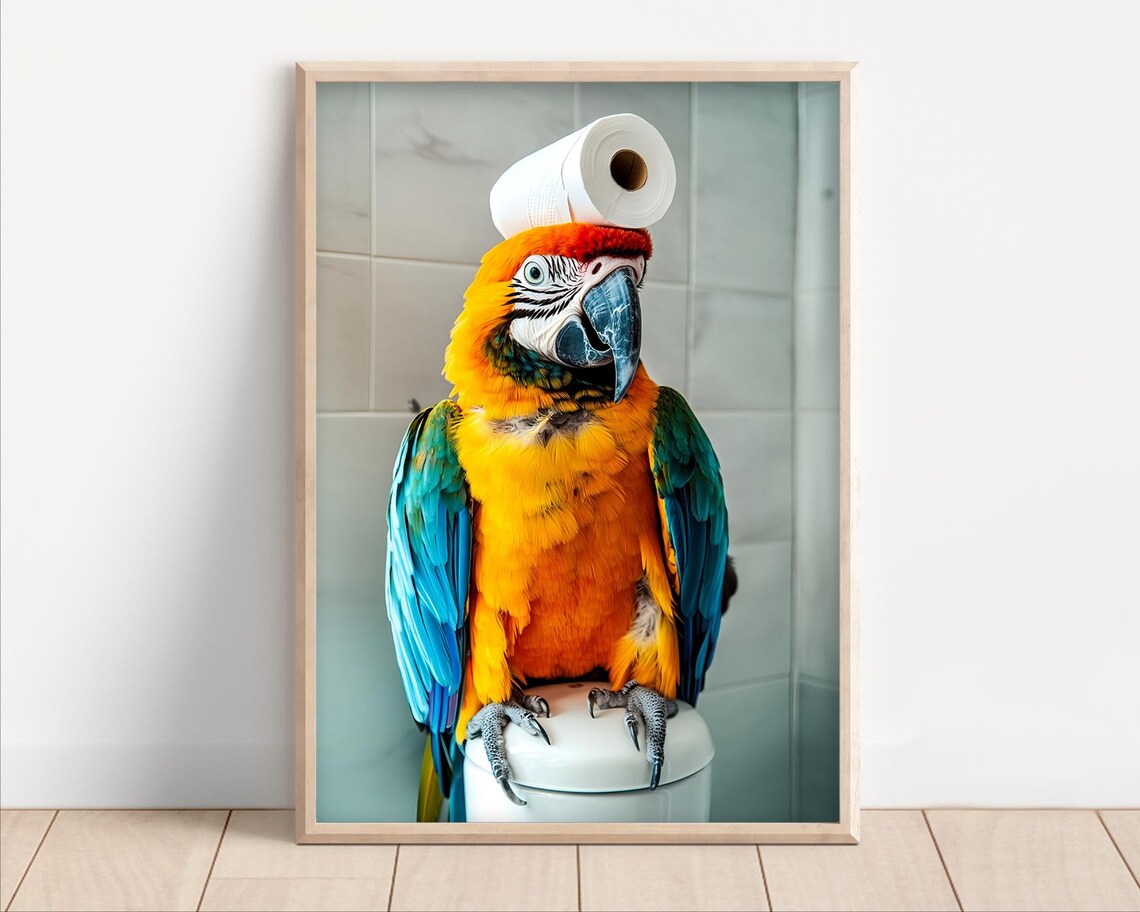 Colorful Macaw Parrot with Toilet Paper Roll on Head Toilet Art Poster