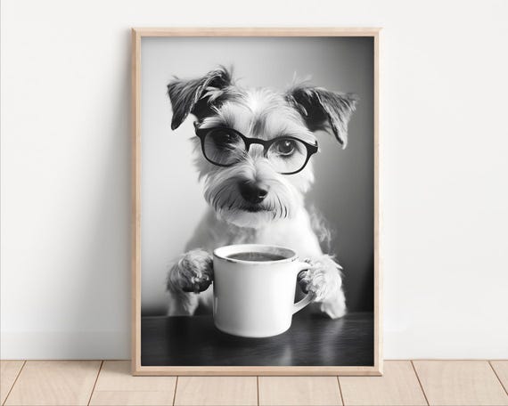 Terrier Dog Drinking Coffee Wearing Glasses Poster Or Canvas Funny Kitchen Wall Art Lover Humor Cute Animal Decor Lovers