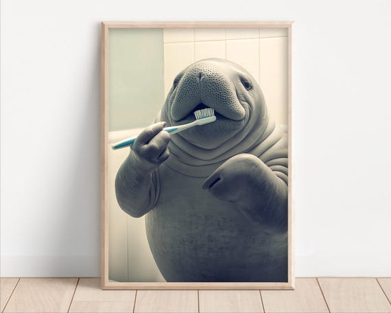 Manatee Brushing Teeth Poster Or Canvas Funny Bathroom Wall Art Kids Laundry Room Decor Quirky Animal Humor Photo Cute Print