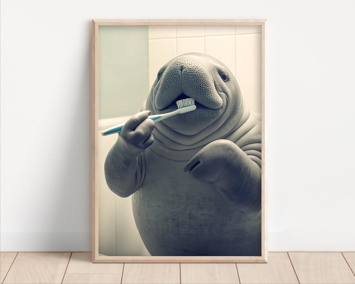Cute Manatee Brushing Teeth with a Toothbrush Bathroom Wall Poster
