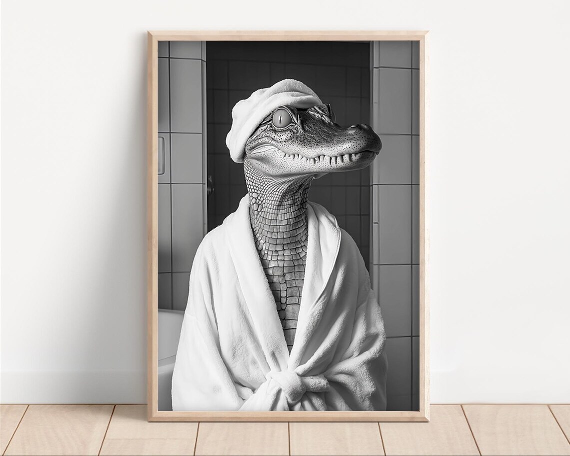 Crocodile Wearing A Bathrobe Poster Or Canvas Funny Bathroom Wall Art Cute Animals In Laundry Room Decor Print