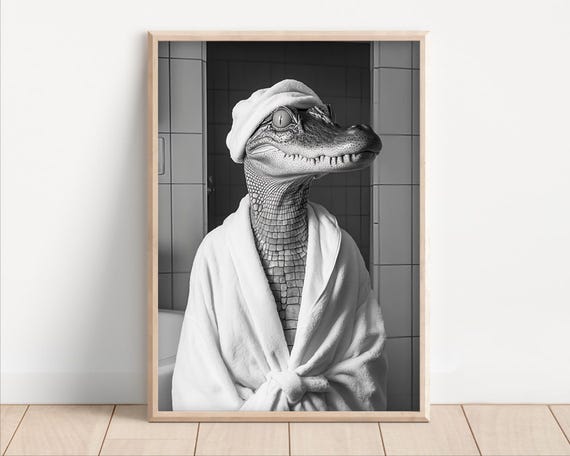 Crocodile Wearing A Bathrobe Poster Or Canvas Funny Bathroom Wall Art Cute Animals In Laundry Room Decor Print