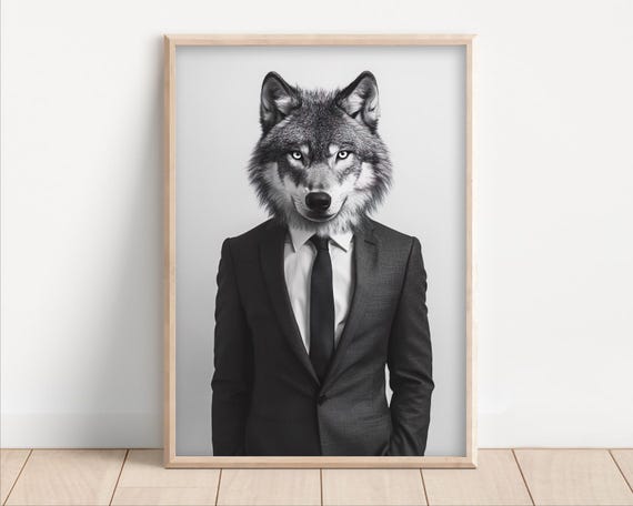 Wolf Wearing A Business Suit Funny Office Wall Art Print Animal Home Decor Success Quirky Humor Cute Retro Photo