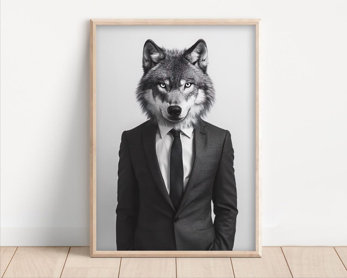 Dapper Wolf In Business Suit Black And White Office Wall Art