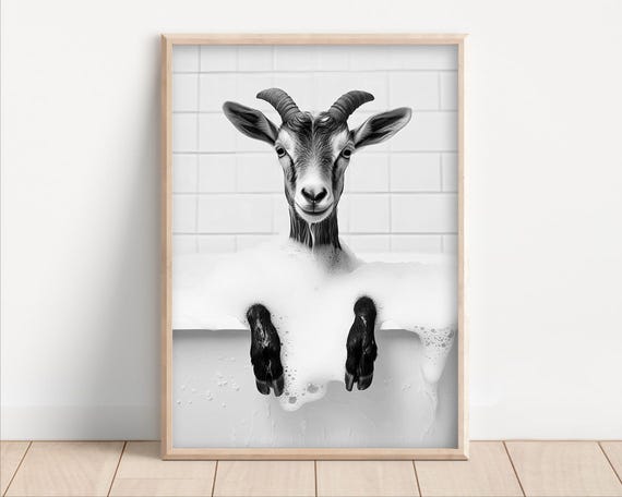 Goat Taking A Bubble Bath Poster Or Canvas Funny Bathroom Wall Art Animals In Bathtub Cute Kids Laundry Room Decor Print