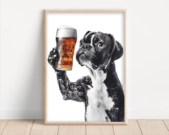 Boxer Dog Drinking Beer Poster Or Canvas Lover Decor Alcohol Humor Art Funny Kitchen Wall Owner Gift Home Bar Print