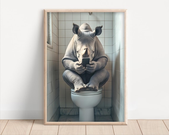 Rhino Sitting On The Toilet Watching Phone Poster Or Canvas Funny Bathroom Wall Art Decor Vintage Style Animal Print Quirky Humor