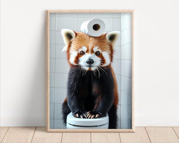 Red Panda With Toilet Paper On Poster Canvas Funny Bathroom Wall Art Cute Kids Laundry Room Decor Quirky Animal Humor Photo Print
