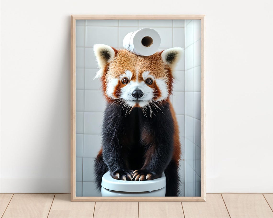 Cute Red Panda with Toilet Paper Roll on Head Sitting on Toilet Poster