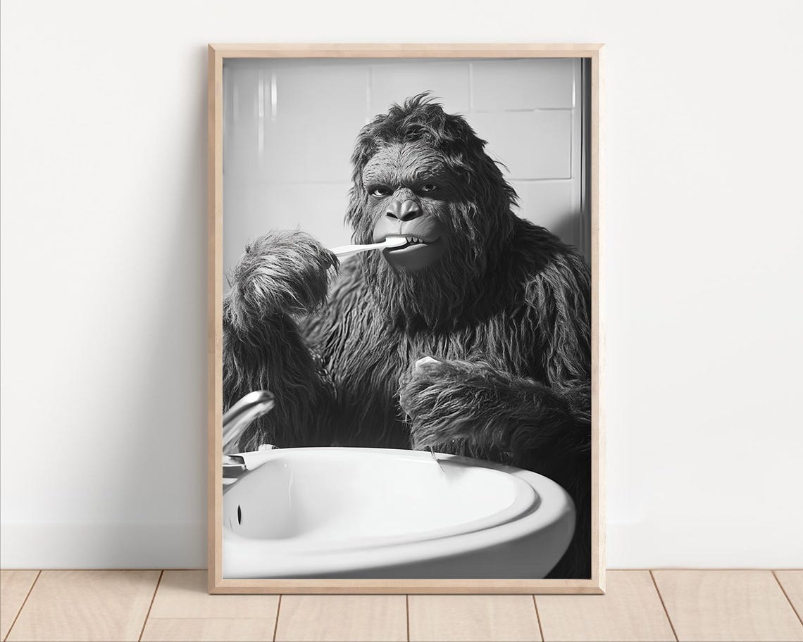 Sasquatch Brushing His Teeth Black and White Bathroom Wall Poster