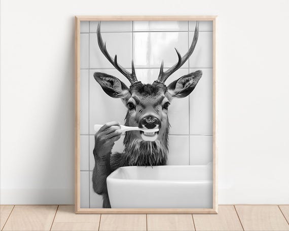 Deer Brushing Teeth Poster Or Canvas Funny Bathroom Wall Art Kids Laundry Room Decor Retro Animal Humor Cute Print
